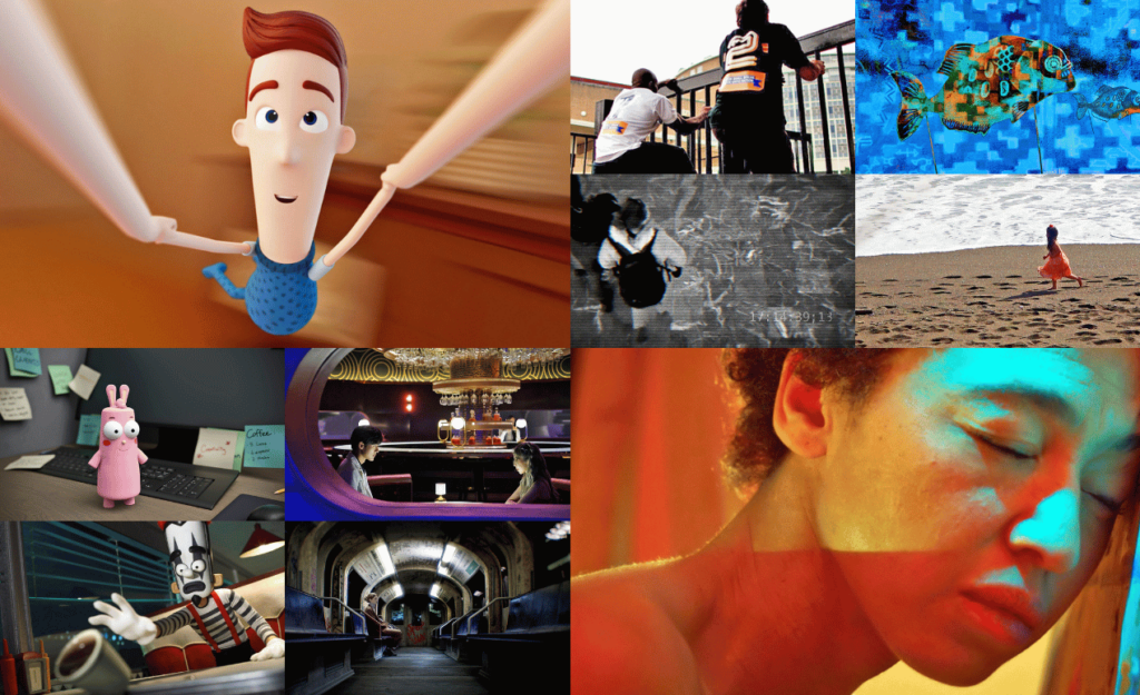 A collage of diverse short film stills, including animation, documentary, and experimental visuals.